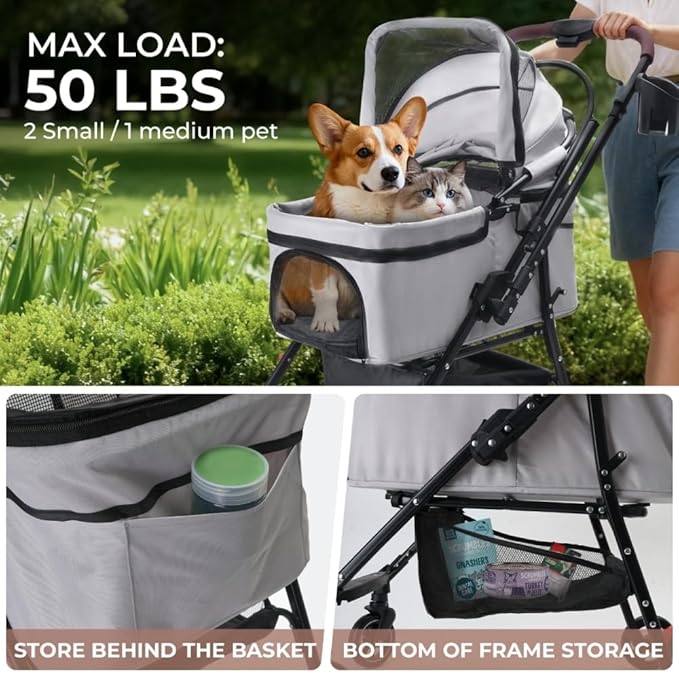4-Wheel Foldable Pet Stroller for Small Dogs & Cats 360° Rotating Wheels, Separable Carrier & Travel Bag Safety Brake & Suspension System