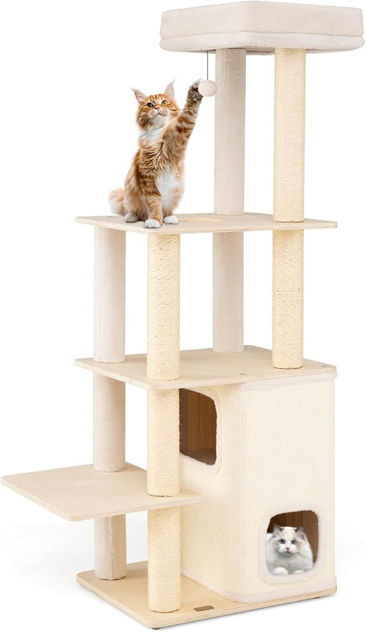 PETSITE 63 Inches Wooden Cat Tree, Multi-Level Modern Cat Tree with Sisal Scratching Posts, Two-Story Condo Covered with Sisal Exterior, Dangling Ball, Large Top Perch, and Playful Hole