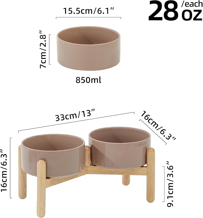 Ceramic 6.1inch Raised Dog Bowl with Stand for Small and Medium Breed Dog Dish Pet Food and Water Bowl (Double Bowl with Stand - Brown Coffee, 28oz)