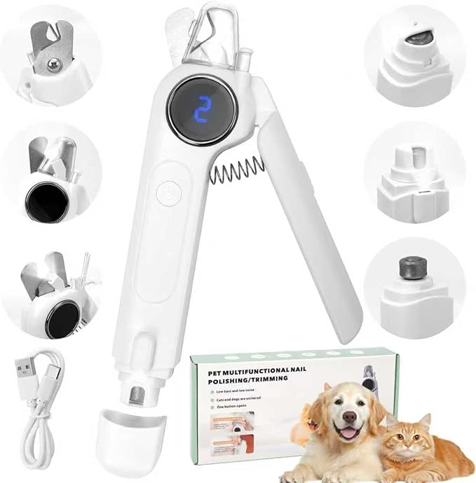 2-in-1 Cat Paw Nail Clipper and Dog Paw Grinder, Featuring Fast Sensing and Safety Protection, with a Lighted Cat Nail Trimmer Equipped with 2 LED Lights, Rechargeable via USB. (White)