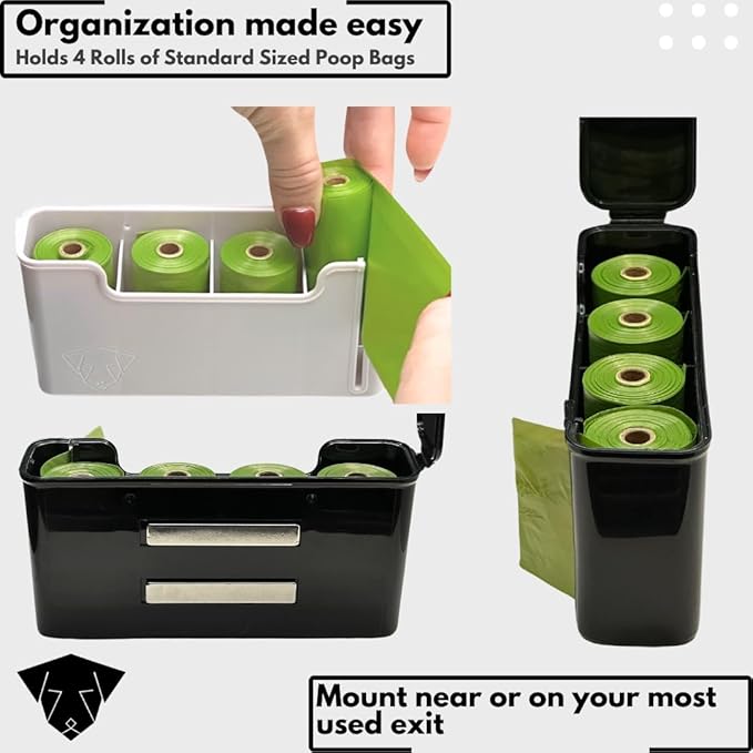 Dog Poop Bag Dispenser - Magnetic Mount - Indoor/Outdoor - Wall Mount - Waste Bag Dispenser - Magnet - Screw-on - Storage - Container + 60 Waste Bags (Black)