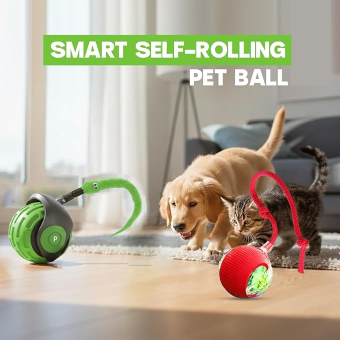 KBLZONE Interactive Cat Ball Toy – Smart Rolling Pet Ball with Obstacle Avoidance, USB Rechargeable, Cord Tail Design – Fun Enrichment Toy for Indoor Cats & Small Dogs (Green + Red)