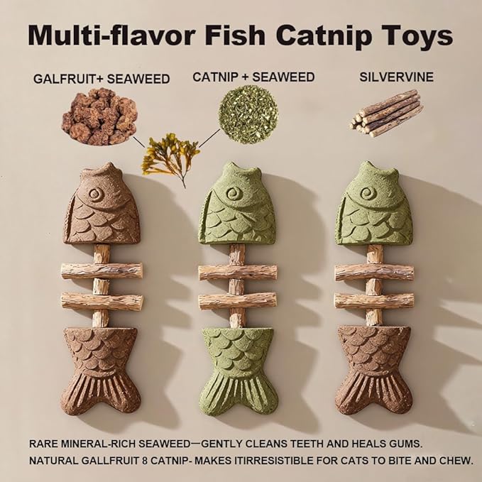 DXHBALK Eazywell Purrident Cat Dental Chew Toy for Teeth Cleaning, with Seaweed Catnip Silvervine, Natural Wooden Creative Fish Bone Shape Chew Stick for Cats (3 Pcs)
