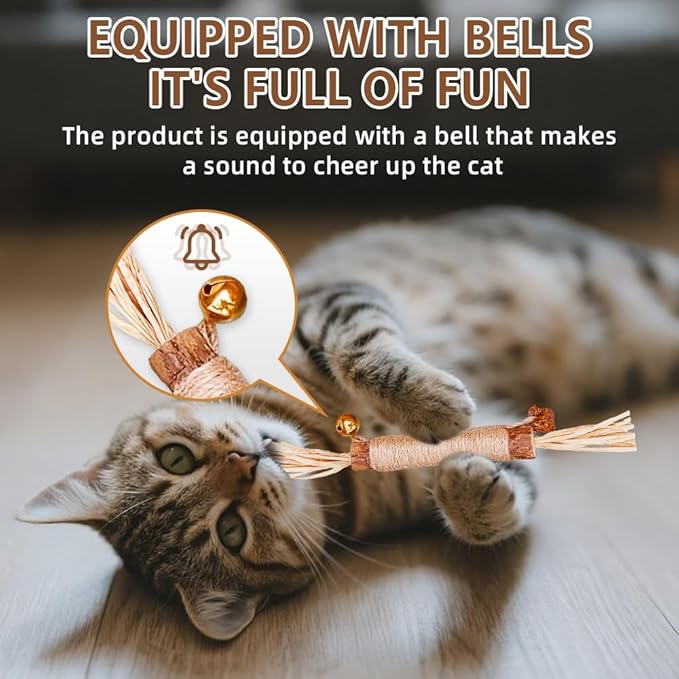 Natural Dried Matatabi Cat Chew Stick with Gall Fruit, Raffia Grass & Bell Cat Ball Toys, Handmade Silvervine Sticks Interactive Catnip Toy for Teething & Entertainment (Size M Color A)