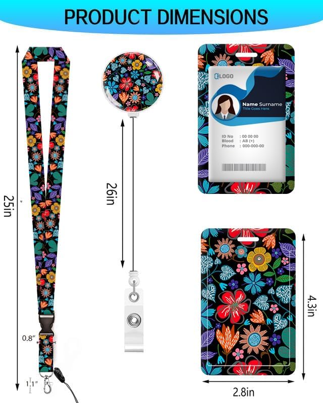 ID Badge Holder with Retractable and Detachable Lanyard, Cute Badge Reel Breakaway Lanyard with Carabiner Clip for Women, Teachers, Nurses, Students, Perfect Work and Office(Colorful Flowers)