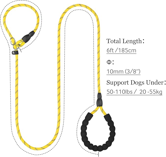 TagME Slip Leads for Dogs, 6 FT Heavy Duty Slip Leash with Padded Handle, Strong Rope No Pull Pet Training Leash for Medium Dogs,Yellow