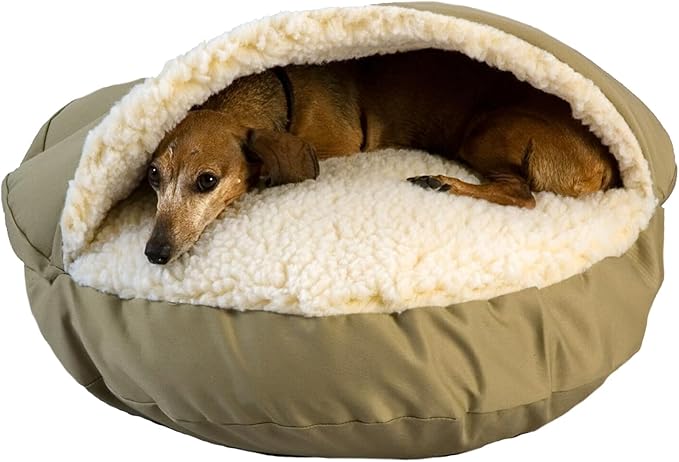 Snoozer Cozy Cave Dog Bed - Indoor Dog Bed with Cover Cave, Covered Calming Burrow for Small & Medium Sized Pets with Blanket Attached, Enclosed, Removable Washable Cover - Large, Khaki