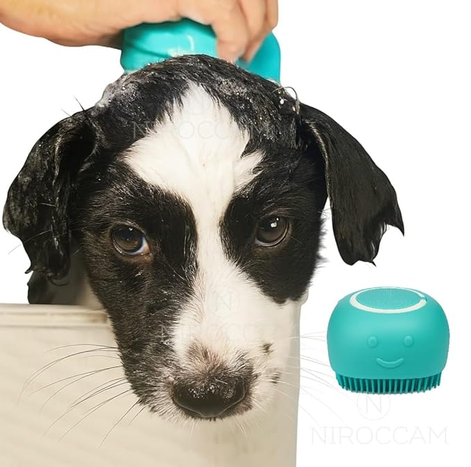 Dog Bath Brush with Shampoo Dispenser – Silicone Pet Grooming Scrubber for Dogs & Cats, Deep Clean + Massage, Easy-Grip Rubber Handle – Pet Shower Tool for Long & Short Hair