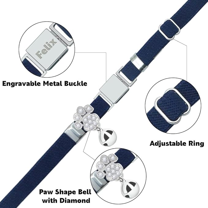 Personalized Safety Elastic Cat Collars with Bell,Laser Customized Stretch Kitten Collars for Girls Boys Cats-Navy Blue