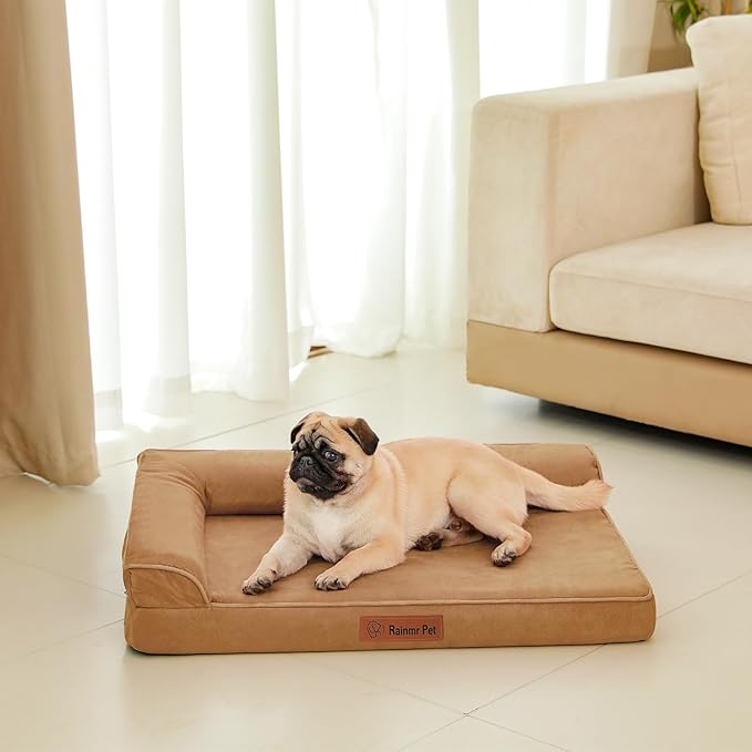 Orthopedic Dog Bed Medium Size Dog, Memory Foam Dogs Bed for Medium Dogs, Washable and Removable Microsuede Cover, Waterproof Liner, Non-Skid Bottom, 30x20x6 Inches, Khaki
