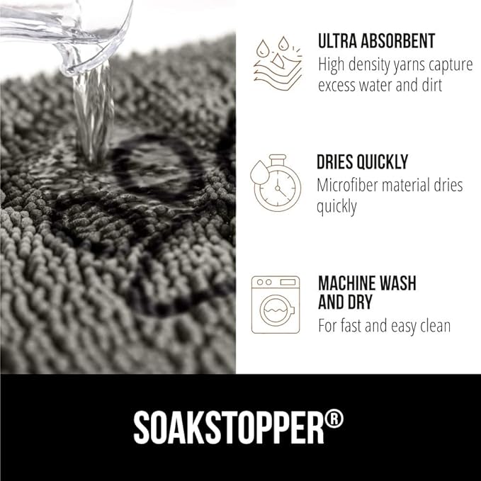 GORILLA GRIP SOAKSTOPPER Dog Door Mat, 36x24 Machine Washable Rug Absorbent Doormat Captures Moisture Mud Dirt, Quick Dry Soft Chenille Entryway Rugs Indoor Entrance Mats for Dog Paws, Paw Gray
