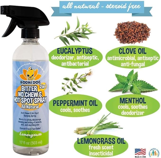 Bodhi Dog Bitter 2-in-1 No Chew & Hot Spot Spray - Natural Anti-Chew Remedy Better Than Bitter Apple - Soothes Hot Spots, Deters Chewing - Safe for Skin, Wounds & Furniture- Made in USA (17 Fl Oz)
