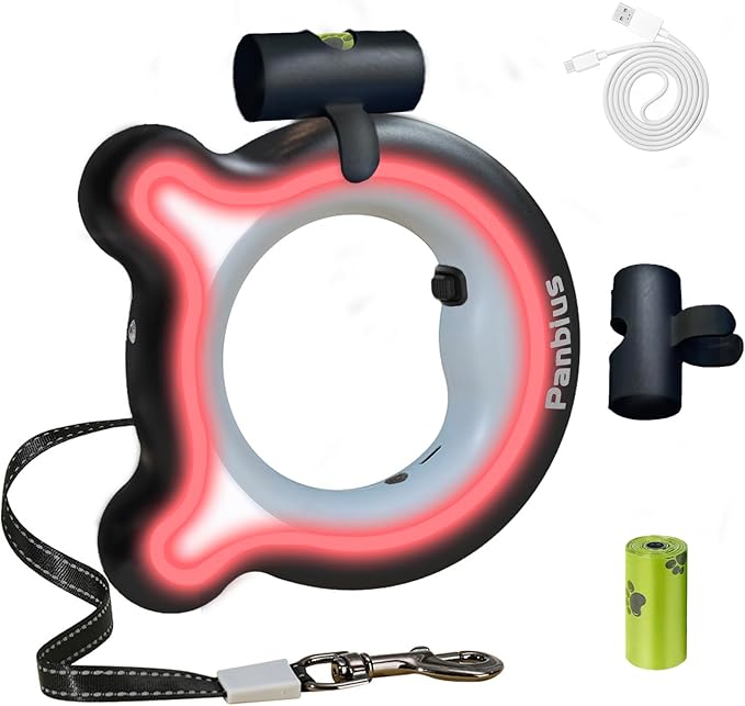Pets 9.84ft Retractable Dog Leashes with LED Up to 66 lbs Anti-Slip Handle and 360°No Tangle Dogs Walking Leash with Built in Poop Bag for Small/Medium/Large Breeds (Black)