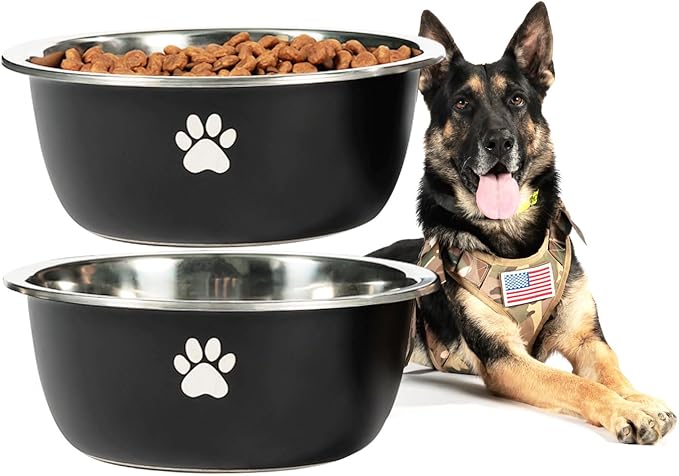 Large Dog Water Bowl 2 Pack, 0.75 Gallon 96oz Stainless Steel Metal Dog Food Bowl for Medium Large Dogs, Black