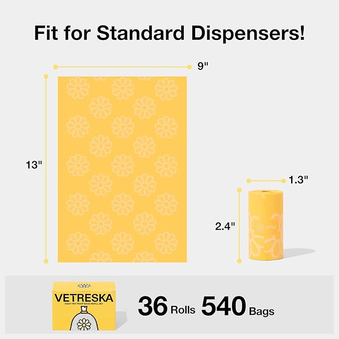 VETRESKA Dog Poop Bag Rolls Daisy Scented Leak-proof Pet Waste Bags Thick and Large Trash Bags for Dog Walking 36 Refill Rolls 540 Bags