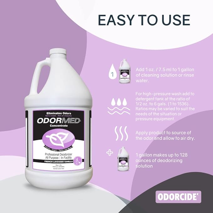 Odorcide Odormed Odor Eliminator Concentrate - Pet Odor Eliminator for Strong Odor on Floors, Walls, Cages & More - All-Purpose with Safe, Non-Enzymatic Formula (1 Gal, French Lavender Vanilla)