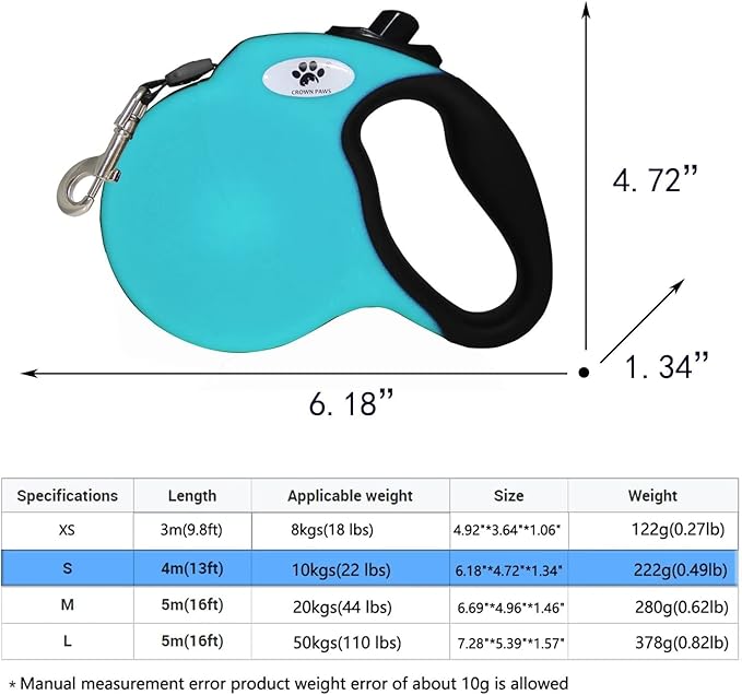 CROWN PAWS 13 ft Retractable Dog Leash for Large Dogs up to 26 lbs,Tangle-Free Nylon Tape,Blue Dan S