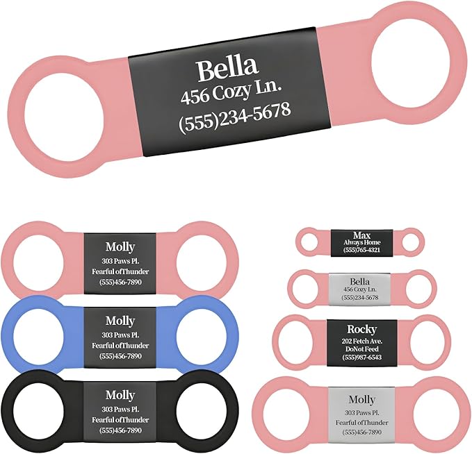 Silent Pet ID Tag - Personalized Engraved Slide-On Dog & Cat Name Tags, Quiet No-Jingle Stainless Steel Collar Tag with Laser Engraving (Metal Black+Pink, M(for 0.59" Wide Collar))