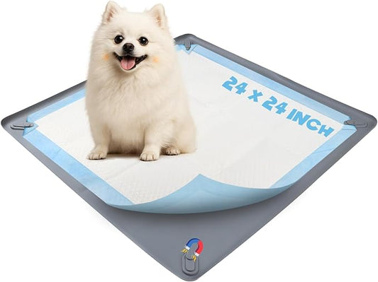 Dog Pee Pad Holder - 24" x 24" Silicone Non-Slip Puppy Pad Holder Tray with 4 Magnetic Clips, No Spill Raised Lip High Edge, Reusable Leak-Proof Potty Training Pad for Dogs, Grey