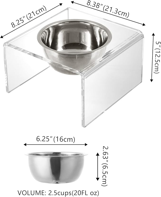 The LICKER Store DBL2002A Keaton 5" Small/Medium Modern Acrylic Rectangular Elevated Pet Feeder with 20oz 1-Stainless Steel Bowl, Clear/Chrome