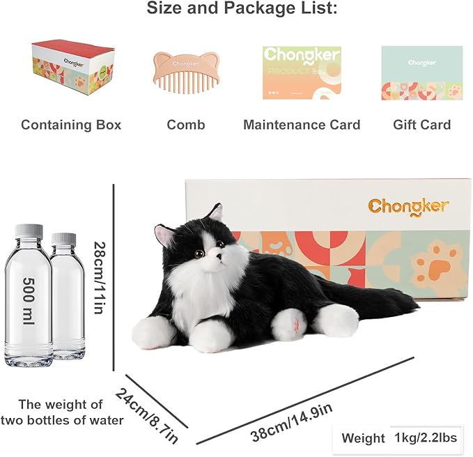 Chongker Interactive Companion Robot Cat Pets, Handmade Weighted Stuffed Animals, Cat Plush Toy with Voice Response, Realistic Heartbeat and Purring, Black Cat