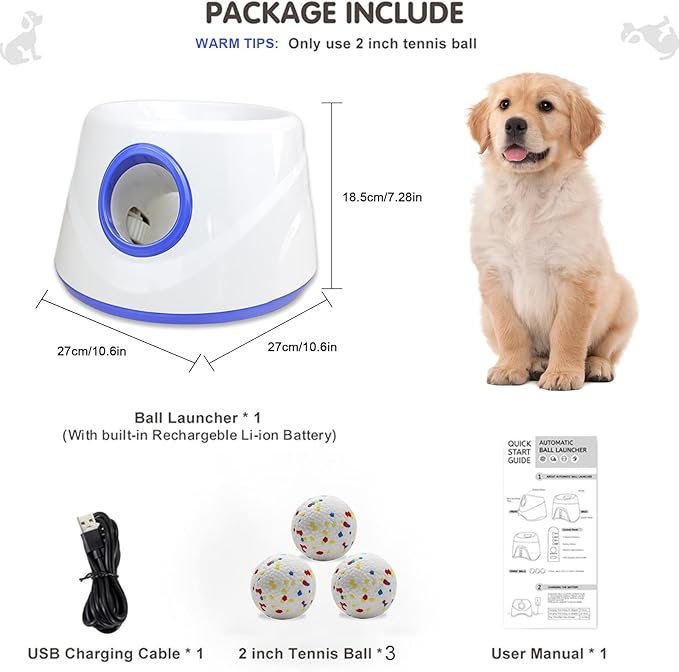 RERBIO Dog Ball Thrower Launcher, Automatic Ball Launcher for Dogs, 3 Adjustable Distance Settings, Indoor Outdoor Interactive Toy, with 3 2.3-inch Balls, Small/Medium Sized Dog Thrower