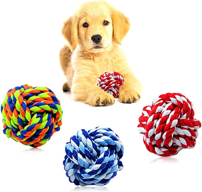 Wellbro Pet Chew Toy, Knots Weave Cotton Rope, Biting Small Ball for Dogs & Cats, 3 in One Pack