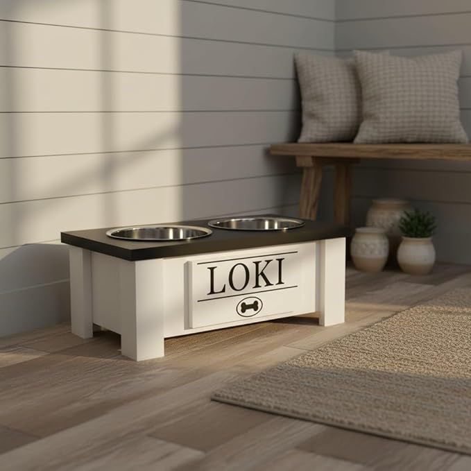 GTW Personalized Elevated Dog Bowl Stand for Large, Medium, Small, X-Small Dogs - Stainless Steel Food and Water Bowls - Raised Dog Dish with Internal Storage (Small, Black)