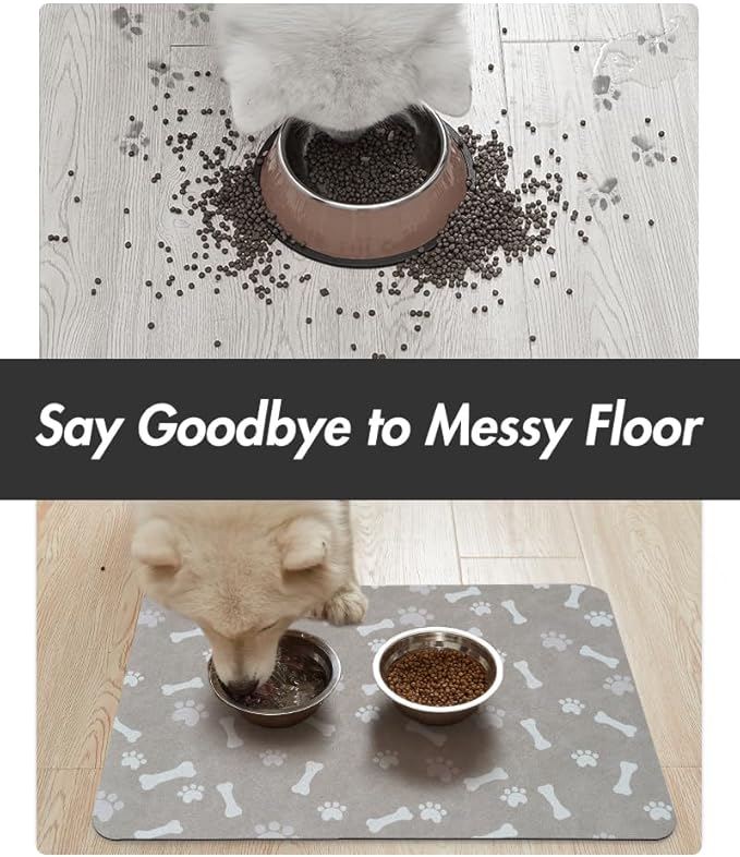 MontVoo Dog Food Mat-Pet Feeding Mat for Food and Water-No Stains Quick Dry Dispenser Cat Bowl Mat for Messy Drinkers(12"X19" Grey)