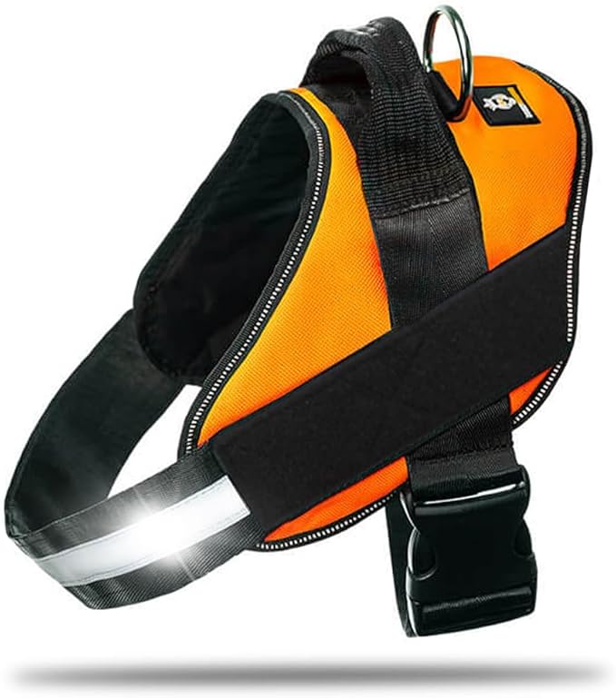 Non Pull Dog Harness with Patch Panels and Handle, Adjustable, Reflective, No Choke, Heavy Duty Easy On Service Dog Vest Harnesses for Medium Large Small Sized Dogs - Orange, M