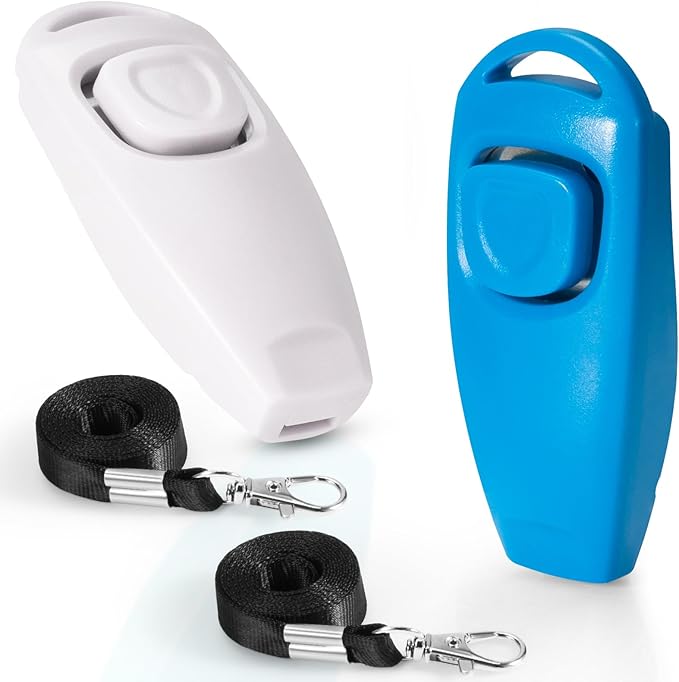 2-in-1 Dog Training Clicker Whistle for Training and Recall, Training Accessories for Puppy, Cats, Horses & Small Animals - 2 Pack with Lanyard, Reward Your Pets Efficiently(White + Light Blue)