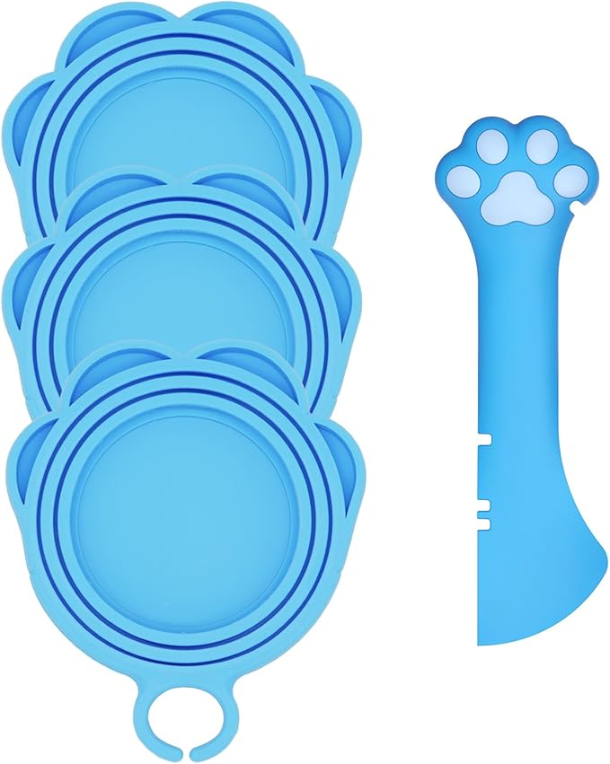DORUI Cat Food Can Spoon & 3 Pcs Can Lids | Cute Paw Shape Covers & Opener for Wet Food | Universal BPA Free Silicone for Cats and Dogs Food(Blue)