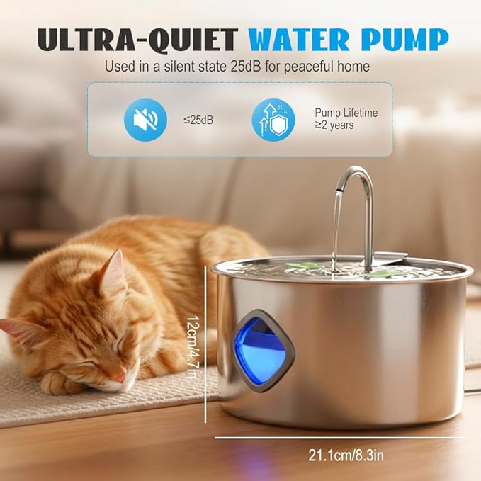 Cat Water Fountain Stainless Steel:Water Fountains for Cats Indoor, 3.2L Large Capacity Cat Water Bowl Filtered, Automatic Circulating Water Dispenser for Pets,Cats,Dogs (Silver)