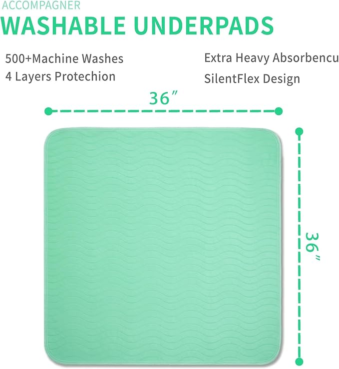 Accompagner Waterproof Reusable for Adults and Pets Washable Pee Pads for Dogs Changing Pad Large Dog Bed Size Adults Incontinence Bed Pads - Non-Slip Leak-Proof (Green, 36"x36"(Pack of 4))