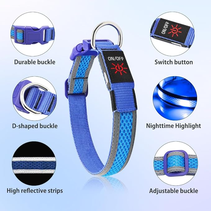 Illumifun LED Dog Collar, USB Rechargeable Light Up Dog Collar, Reflective Sfety Collar Light Glow in The Dark (Medium, Light Blue)