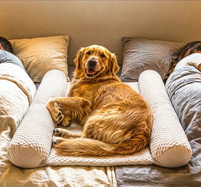 DenMate Does Your Pet Sleep ON TOP of You at Night? Try The First On-Bed Dog-Bed. Designed to Stabilize Nighttime Movement to Improve Dog & Owners Sleep. Machine Washable. Sleep Better Together.