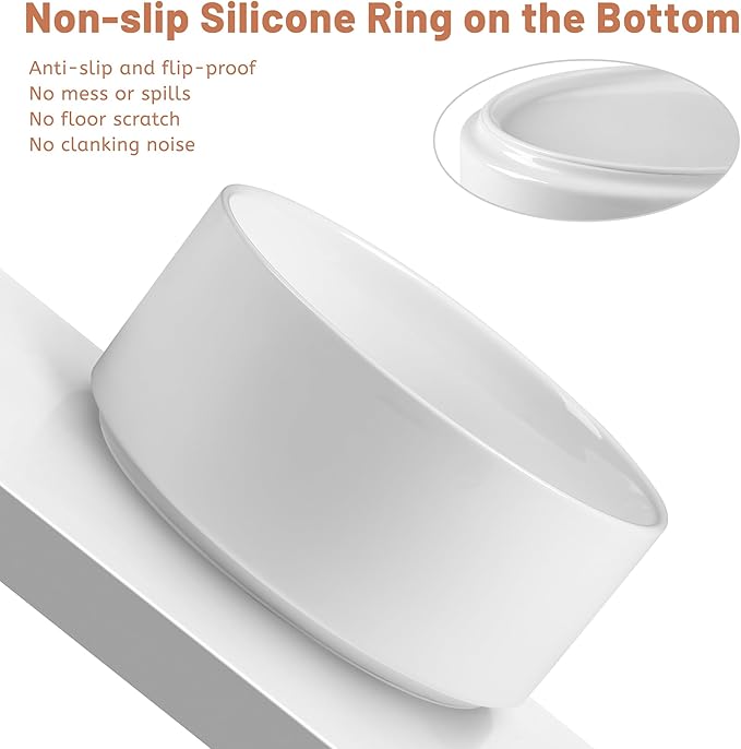 Kitwinney Non Slip Dog Bowls, Heavy Ceramic Dog Food and Water Bowl with Silicone Base, Pet Feeding Bowl for Puppies, Small and Medium Dogs (Glossy White, 6 Inches)