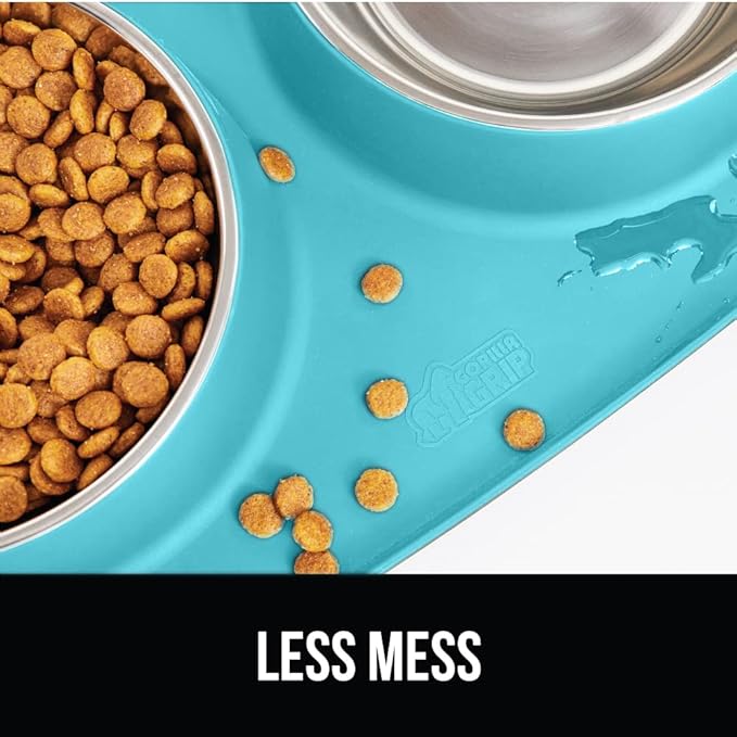 GORILLA GRIP Feeding Mat Set, Patent Pending 100% Waterproof BPA Free Silicone, Stainless Steel Cat and Dog Bowls, Slip Resistant, Edges Catch Water, Food, US Designed Pet Accessories, 1 Cup Turquoise