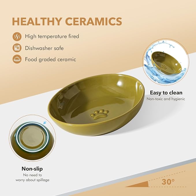 Ceramic Wide Whisker Friendly Cat Dishes, Set of 3 Ceramic Cat Bowls with Paw Print, Anti-Slip Indoor Kitten Feeding Food& Water Dish to Prevent Whisker Fatigue(3 Pcs, Matcha Green)
