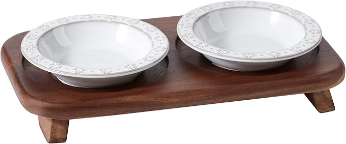 Havniva Raised Double Cat Dishes Set with Acacia Wood Stand, Ceramic Food & Water Bowls for Cats, Puppy, Kitty, Cat Feeder, Prevent Whisker Fatigue(Double Bowls+Stand, Arctic White)