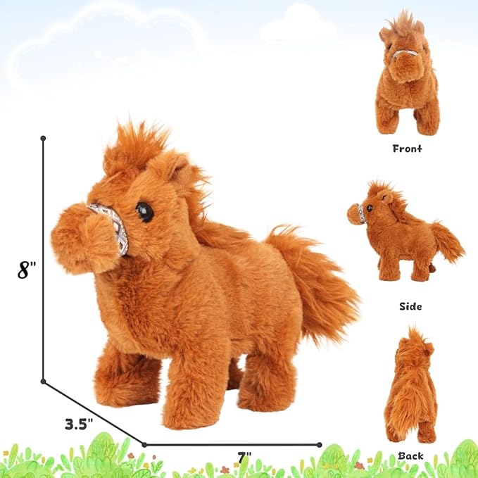Easfan Walking Pony Toy Plush Interactive Pony Electric Plush Pet Toy with Sound Stuffed Animal Christmas Birthday Gifts for Kids Toddlers,8"