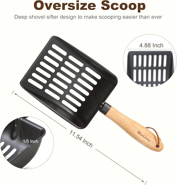 Premium Cat Litter Scoop with Ergonomic Beech Wood Handle, 4.88'' Wide-Deep Stainless Steel Sifter, Easy to Clean, Durable & Odor-Free（Short Handle）