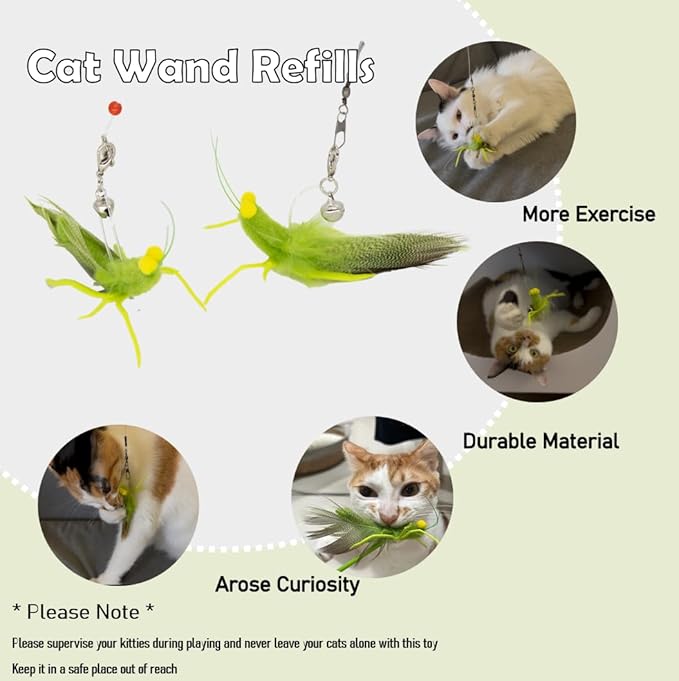 Vitisyao Cat Insect Feather Toys Replacement - 2 Pcs Handmade Natural Grasshopper - Cat Toy Wand Refills - Interactive Kitten Teaser Wand Attachments - Cat Toys for Indoor Cats Play