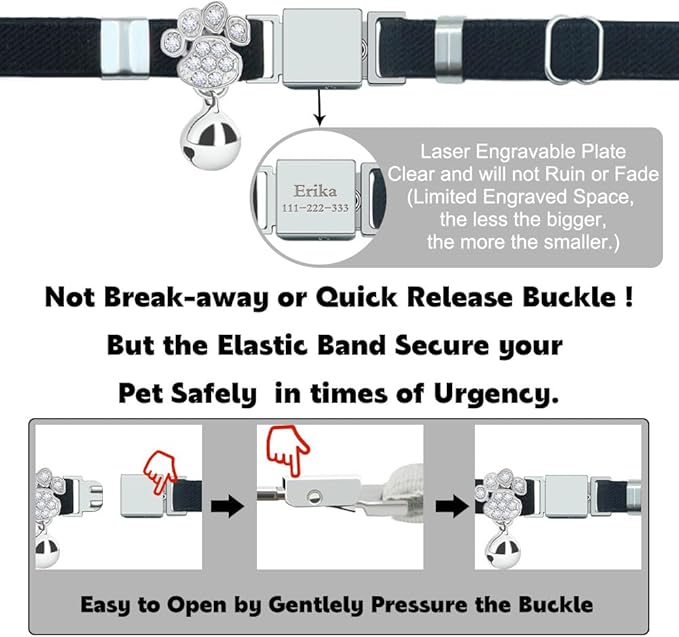 Personalized Safety Elastic Cat Collars with Bell,Laser Customized Stretch Kitten Collars for Girls Boys Cats-Black