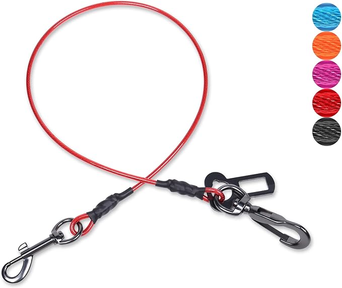 VIVAGLORY Dog Seat Belt Tuffbelt Dog Car Harness, Seatbelt with Clip & Hook for Car Travel, Chew Proof Anti Chew Unchewable Metal Safety Tether Restraint, M, Red