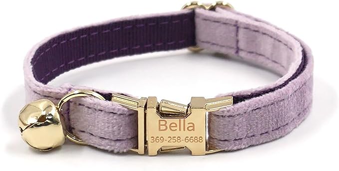 Colorful Velvet Custom Cat Collar, Personalized Cat Collar with Name, Engraved Collar for Small Large Cat Kitten with Bell (Purple,S)