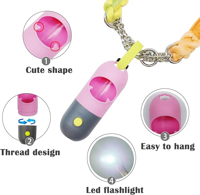 Dog Poop Bag Holder with 7 Rolls of Green Dog Waste Bags Poop Bag Holder with Rechargable Battery & USB Cable Poop Bag Dispenser with LED Flashlight (Pink), (fpq-cd)