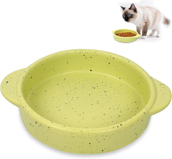 PETPLAYTIME Ceramic Cat Bowl with Handle, Speckled Pattern Shallow Cat Food Dish Wide Cats Wet Feeding Bowls, Dishwasher and Microwave Safe(5.5 in,Avocado Green)