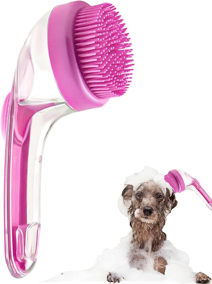 Pet Bath Brush,Dog Shampoo Brush Bubble Maker,New 2 in 1 Dog Bath Brush with Built-in Shampoo Dispenser,Bathing Dog Grooming Massage Brush for Showering Long and Short Haired Dogs and Cats(pink)