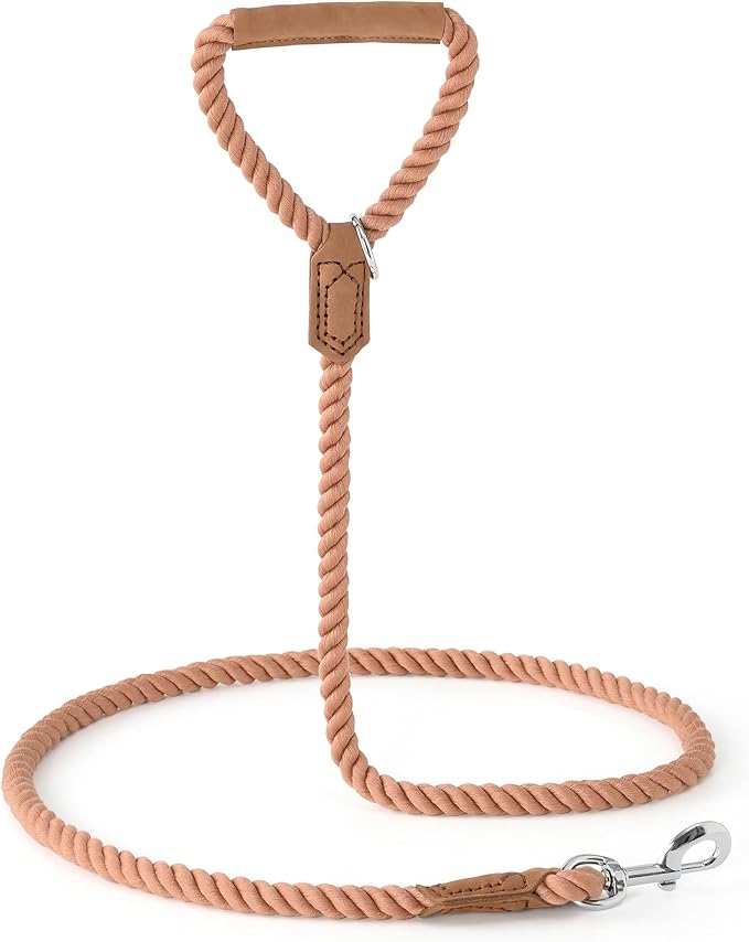 Mile High Life Dog Leash, Braided Cotton Rope Leashes with Leather Handle - Heavy Duty Metal Clasp, 4FT, 1/2" Thick - Wedding, Walking & Training Leash for Small Medium Large Dogs (Mocha Mousse)